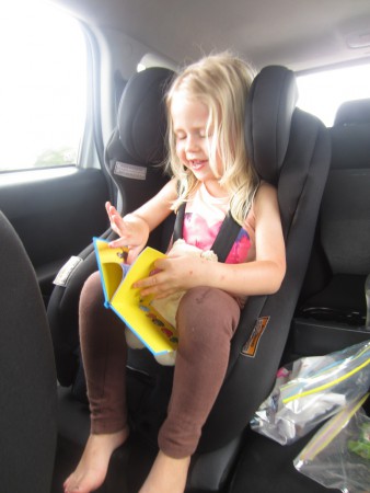 Läser för nalle i bilen